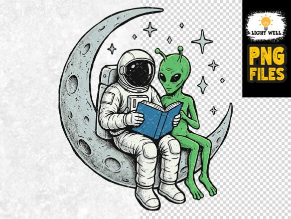 Astronaut and Green Alien Reading on Moo: A Cosmic Creative Asset