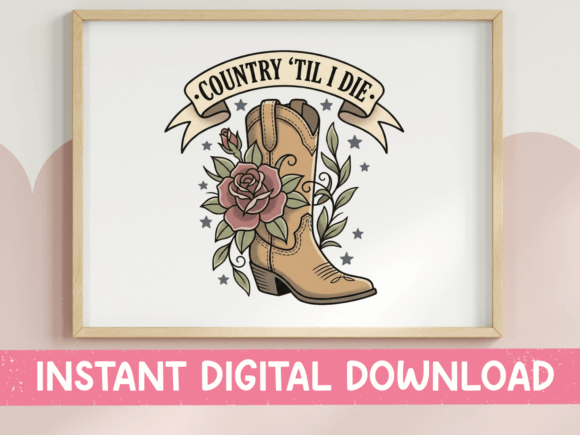 Country Til I Die Cowboy Boot Rose SVG: Vintage Flash Tattoo Design